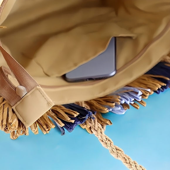 Boho Chic Beach Vibes Straw Woven Tote Bag with Vibrant Colorful Tassel Detail - Picture 6 of 10